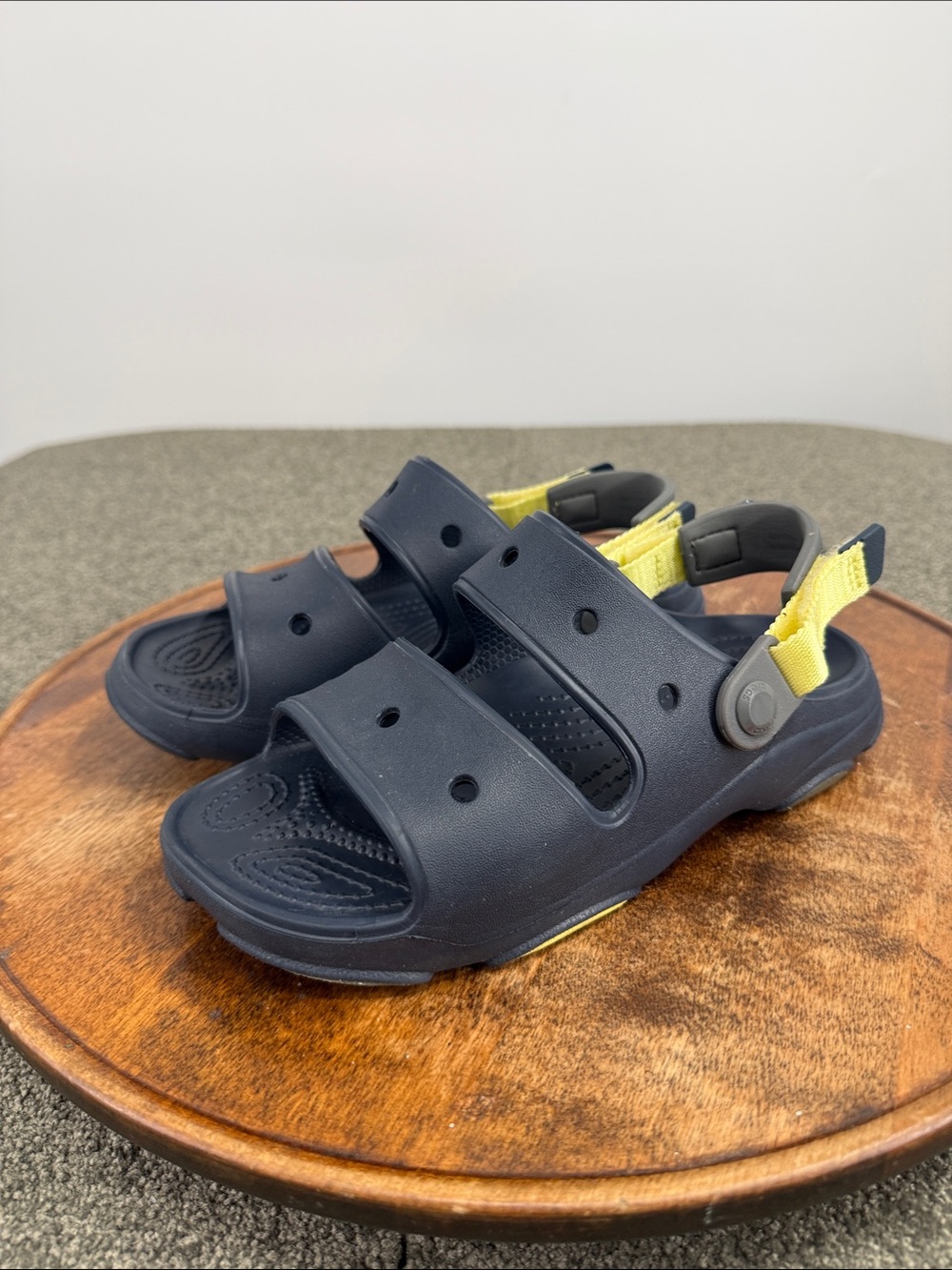 CROCS Sandals Kids 4 All Terrain Two Strap Vent Navy Blue Yellow Strap Rugged